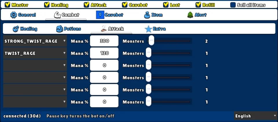 Attack — Switch: Attack · Tab: Combat → Attack