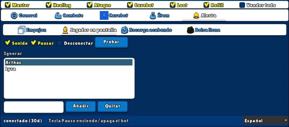 Alarmas — Sin interruptor (necesita Master) · Pestaña: Alerta