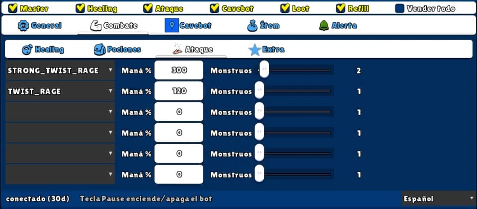 Ataque — Interruptor: Ataque · Pestaña: Combate → Ataque