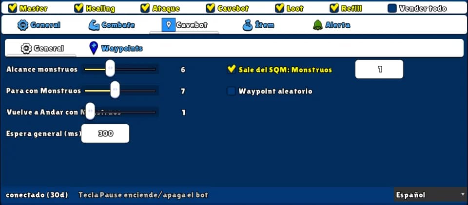 Cavebot: cuándo parar — Interruptor: Cavebot · Pestaña: Cavebot → General