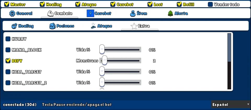 Buffs y curar amigos — Interruptor: Healing · Pestaña: Combate → Extra