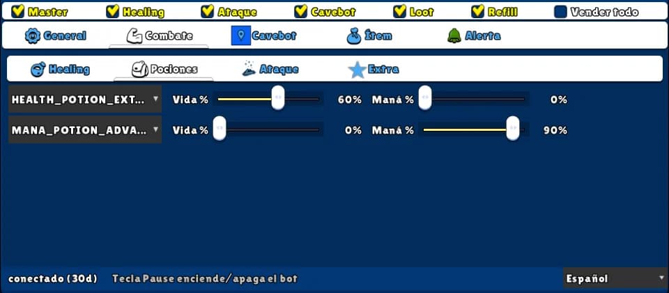 Pociones — Interruptor: Healing · Pestaña: Combate → Pociones