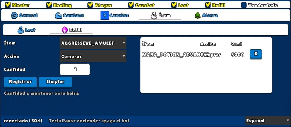 Recarga y Vender todo — Interruptores: Refill, Vender todo · Pestaña: Ítem → Refill