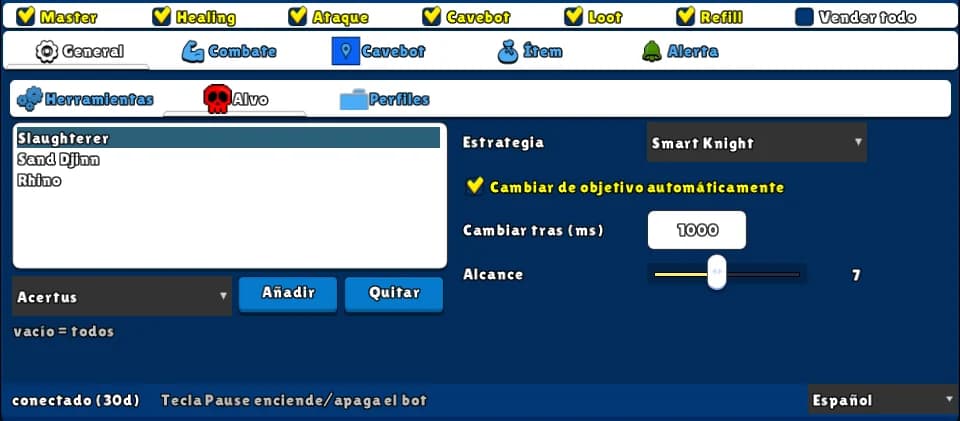 Objetivo — Interruptor: Ataque · Pestaña: General → Alvo