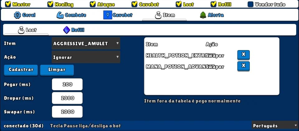 Loot — Chave: Loot · Aba: Item → Loot