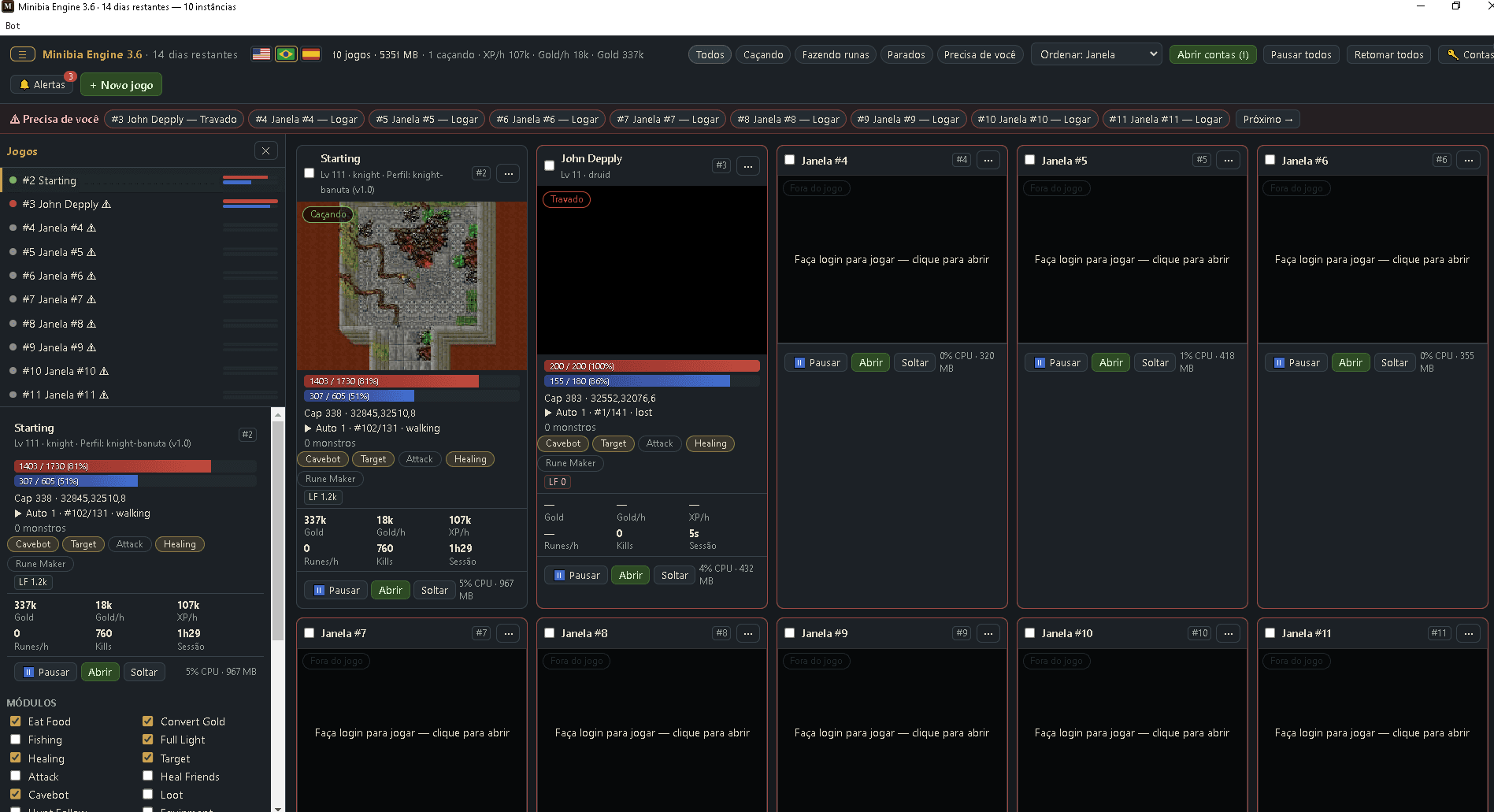 The admin on PC: ten game windows at once, each card with its live picture, life and mana, XP per hour and the switches of its own bot.