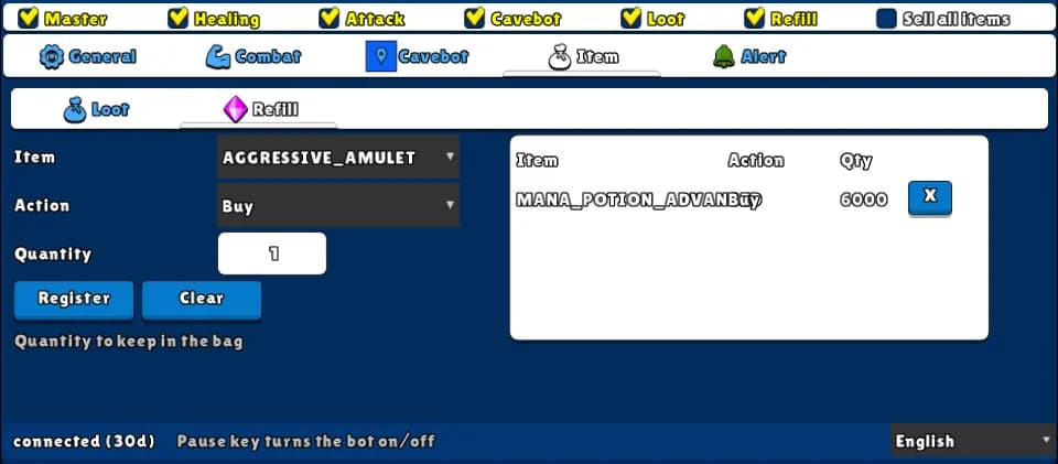 Refill and Sell all — Switches: Refill, Sell all items · Tab: Item → Refill