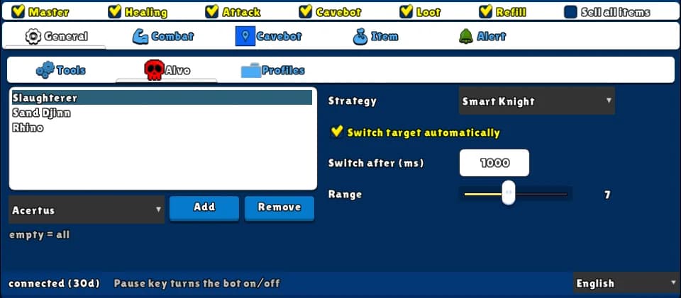 Target — Switch: Attack · Tab: General → Alvo
